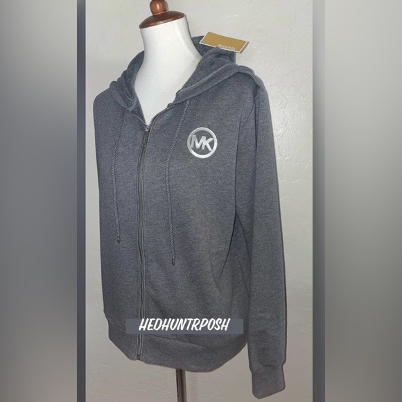 New! Michael Kors Metallic Logo Fleece Zip Hoodie Sizes L &XL🩶Derby Gray - Picture 9 of 10